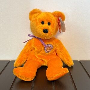 Ty Bright Orange Stuffed Bear with Purple Ribbon